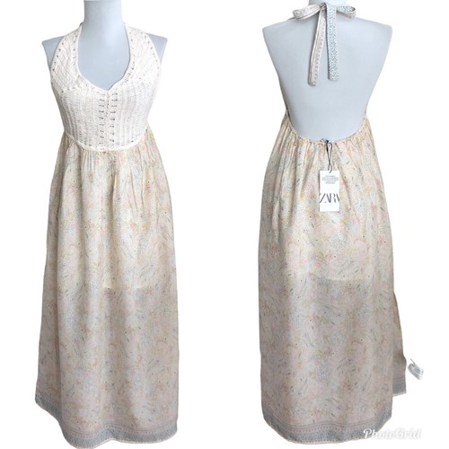 Zara Crochet Halter Babydoll Midi Dress XS Paisley Boho Cottagecore Festival