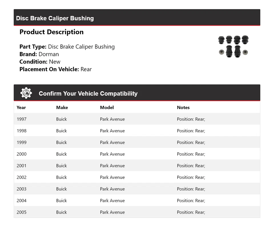 Buje de pinza de freno de disco trasero 1998 1999 para Buick Park Avenue Dorman 1997-2005 Foto 2 de 4