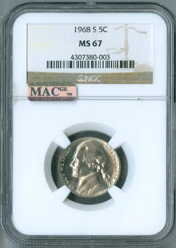 1968-S NGC MAC MS67 JEFFERSON NICKEL, REGISTRY, LOW POP, VERY RARE, SPOTLESS