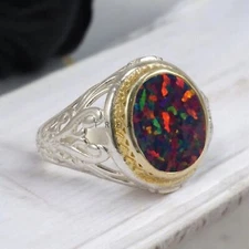 Black Opal Oval Cut Gemstone With 925 Sterling Silver Ring For Men's #785