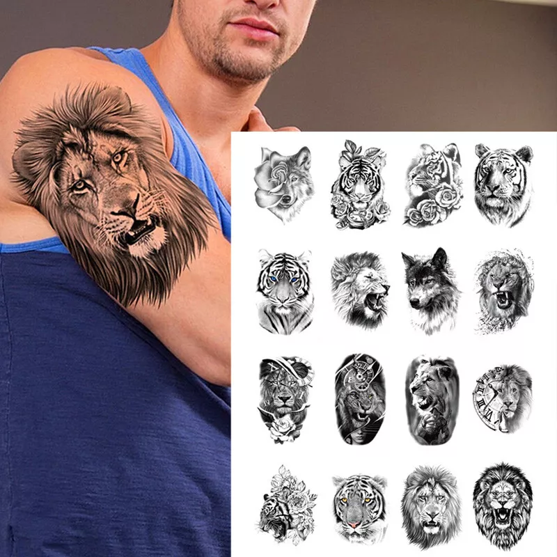 Women Men Lion Transfer Tattoos Tiger Animals Fake Sticker Temporary Tattoo Wolf