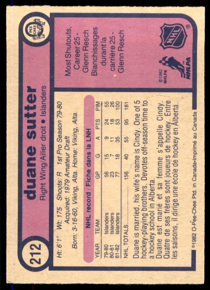 1982-83 O-Pee-Chee OPC Duane Sutter #212 - Image 2 of 2