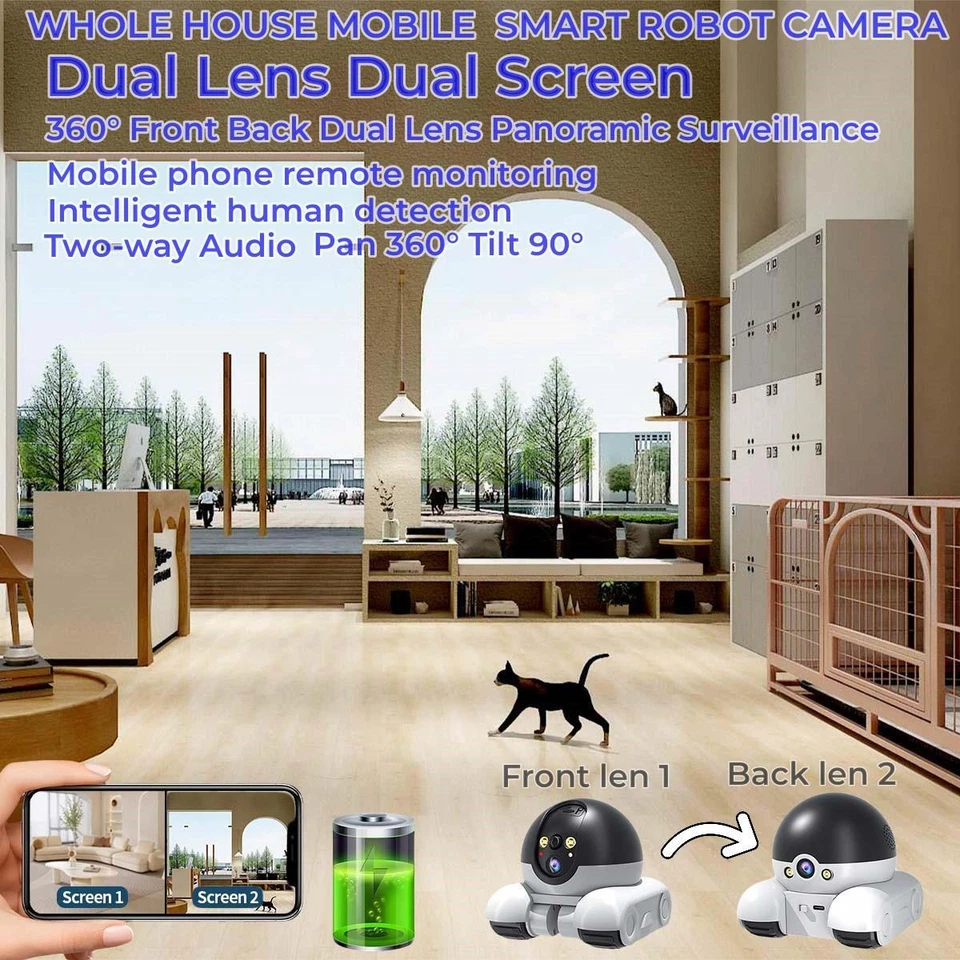 Smart Wifi APP Movable Pet Cat 2MP Dual Lens Dual Screen Action Robot Camera  - Image 2 of 4