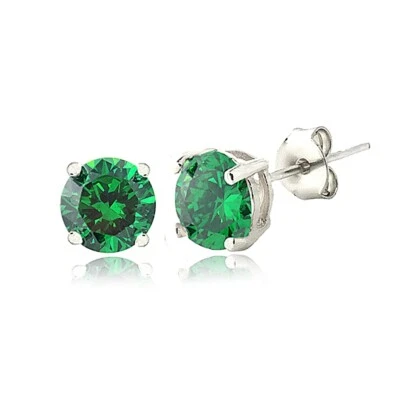 Boucles D'Oreilles Clous Ronde Simulées Émeraude 6Mm Argenté - Photo 1/3