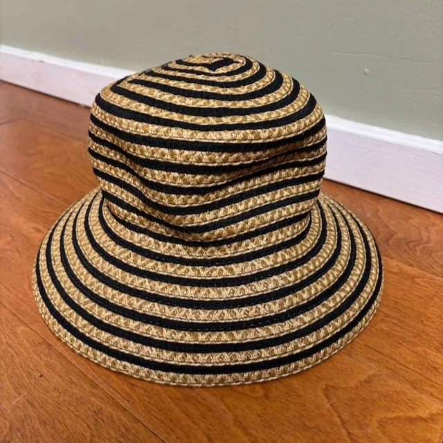 Eric Javits Squishee Womens Bucket Hat Beige Black Stripe UPF 50+ Beach Bohemian - Image 2 of 4