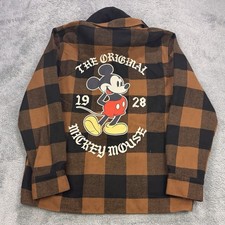 Disney Mickey Mouse Hooded Flannel Shirt Men XL Brown Black Buffalo Plaid 1928