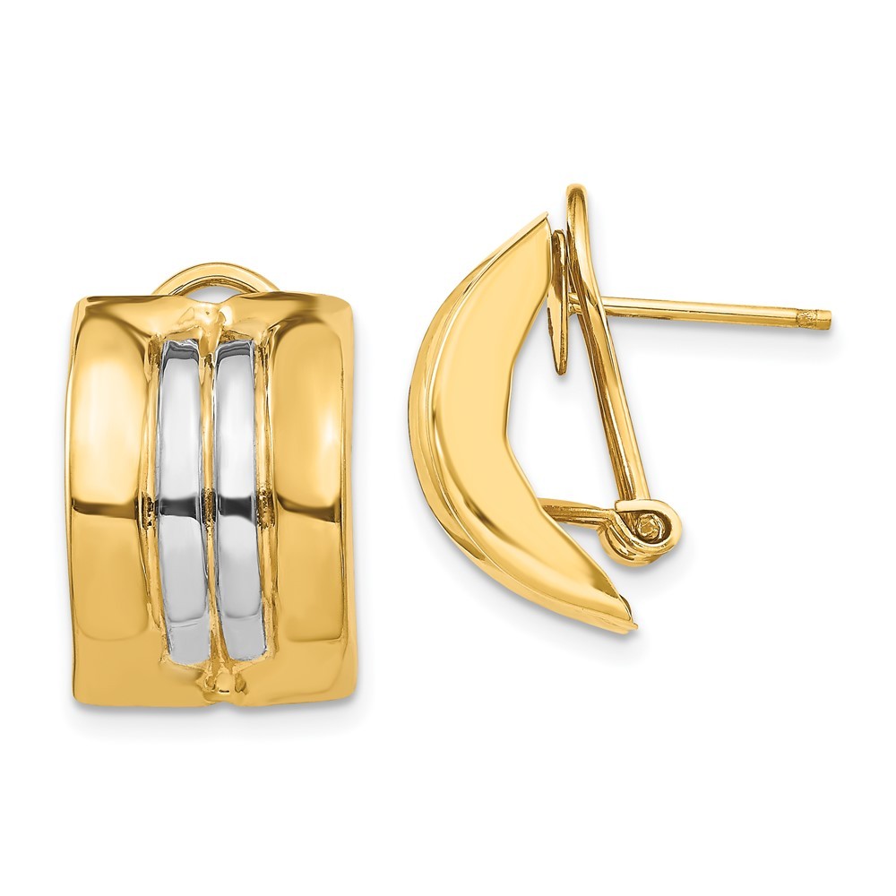 14k Yellow Gold and White Rhodium Omega Post Stud Earrings L-20 mm, W-11.75 mm