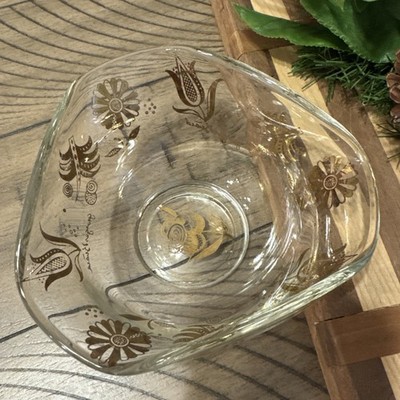 Vtg Georges Briard Glass Snack Dip Bowl Gold Jacobean Flowers Floral Mid Century
