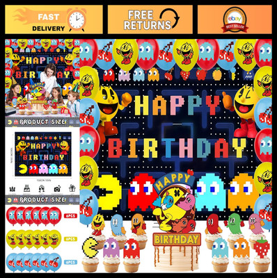 Pacman Birthday Party Decorations - 5x3 FT Backdrop, Balloons & Cake Topper, Gam