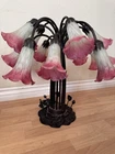 Vintage Tiffany Style Pond Lily Pad & Tulip 15 Light Table Lamp Cranberry Pink