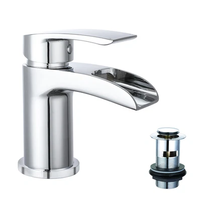 VEEBATH Bathroom Basin Mixer Tap with Waste Waterfall Round Mono Mixer Tap Chrome