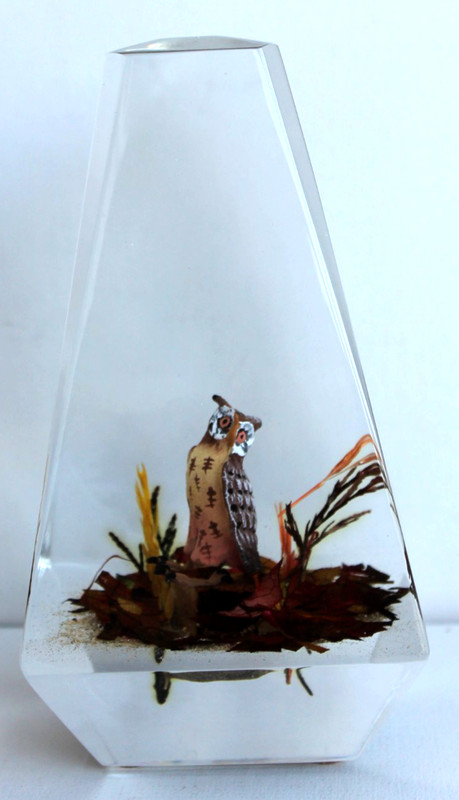 Vintage Hand Carved Painted Horned Owl Lucite/acrylic Unique Canada Paperweight