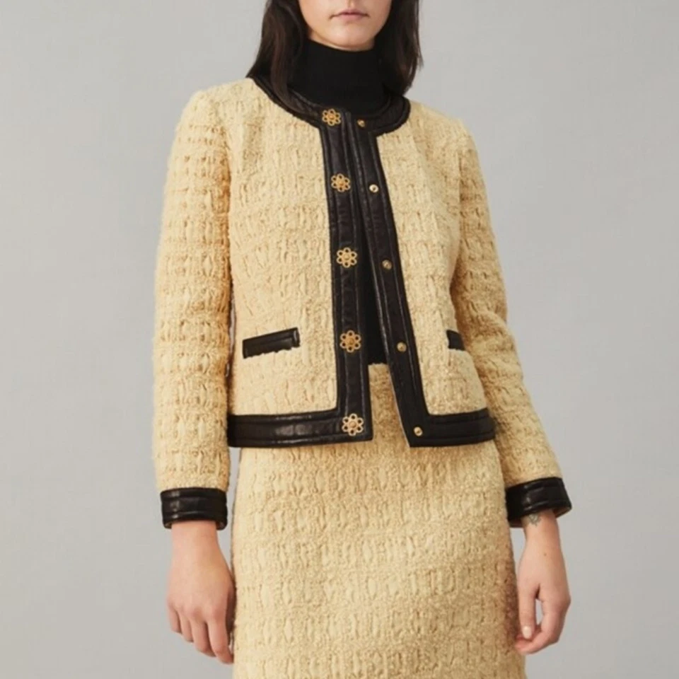 Tory Burch Cropped Boxy Tweed Wool Blend Blazer Jacket Size 0 Dark Natural Ivory - Image 2 of 4