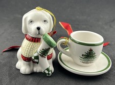 SPODE Christmas Tree Mini Cup  Saucer  Puppy w/Stocking - Lot of 2 Ornaments
