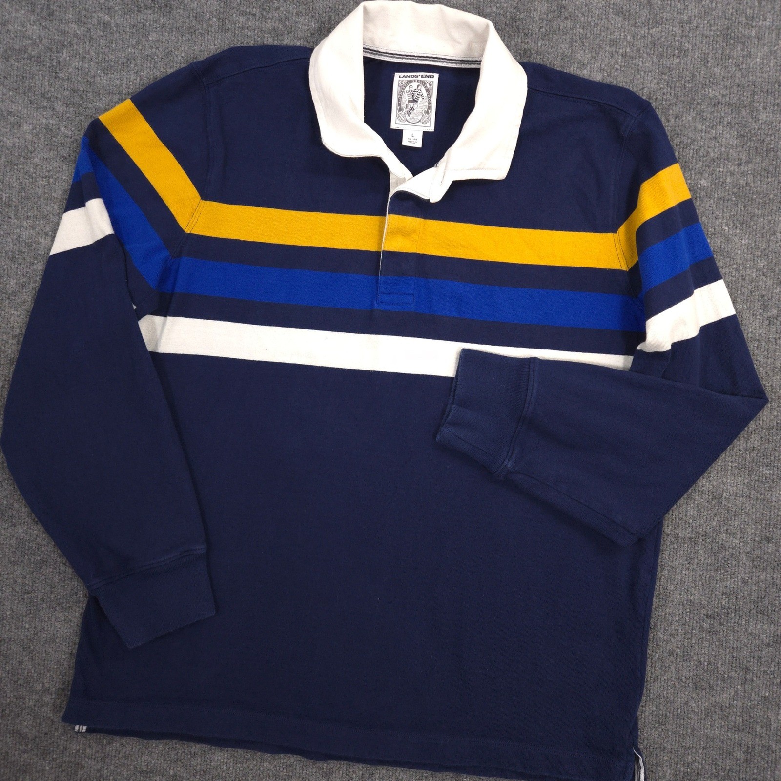 Lands End Rugby Polo Shirt Mens L Blue Yellow Striped Long Sleeve Preppy Casual