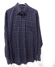 Scott Barber Mens Shirt L Navy Blue Brown Checkered Long Sleeve Button