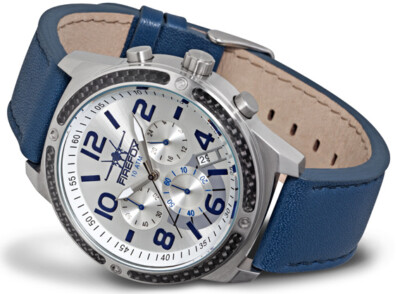 FIREFOX SKYDIVER Chronograph Herrenuhr Edelstahl Carbon Leder silber blau 10ATM