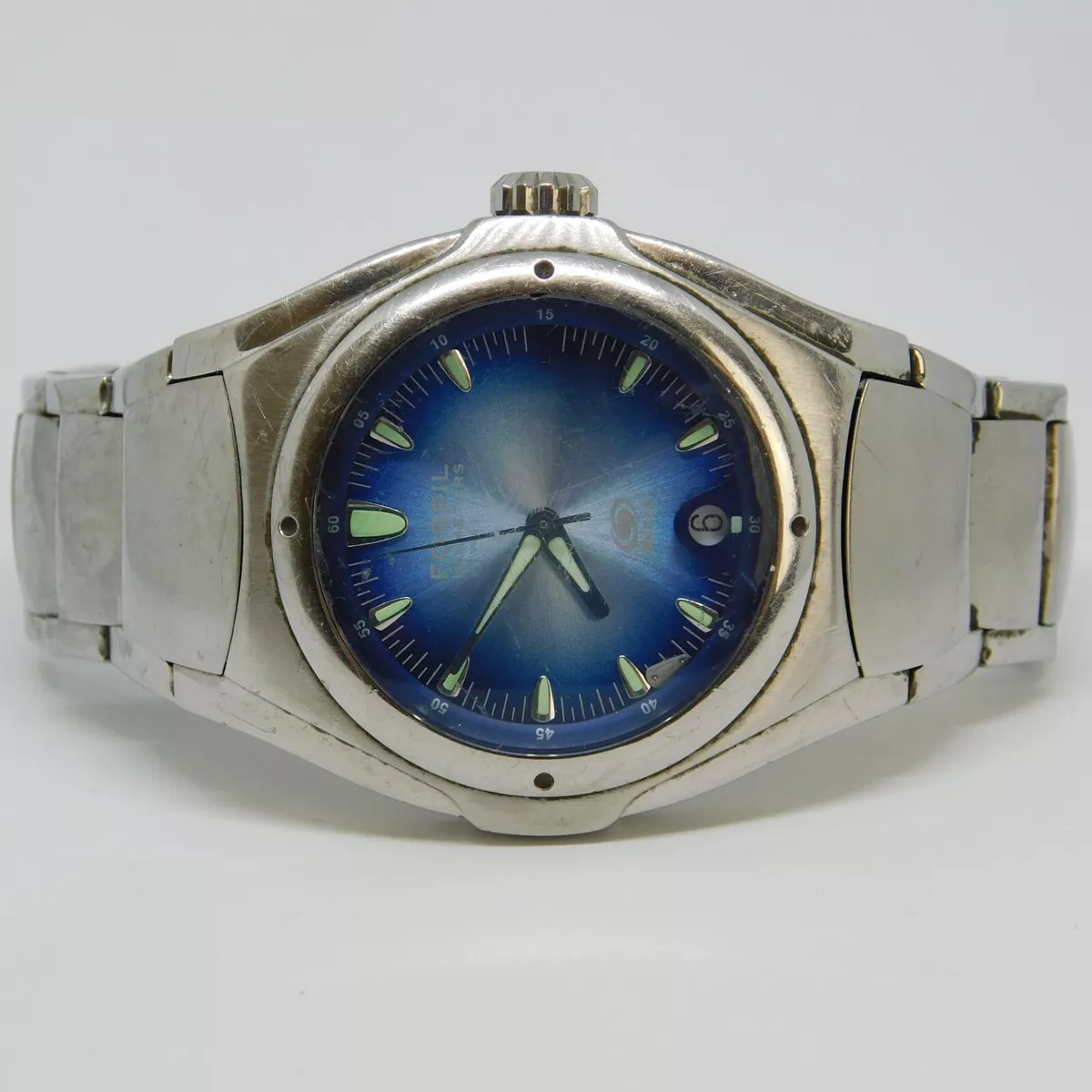 Fossil Blue AM 3709 All Stainless Steel Quartz Men s Watch Sz. 6 3