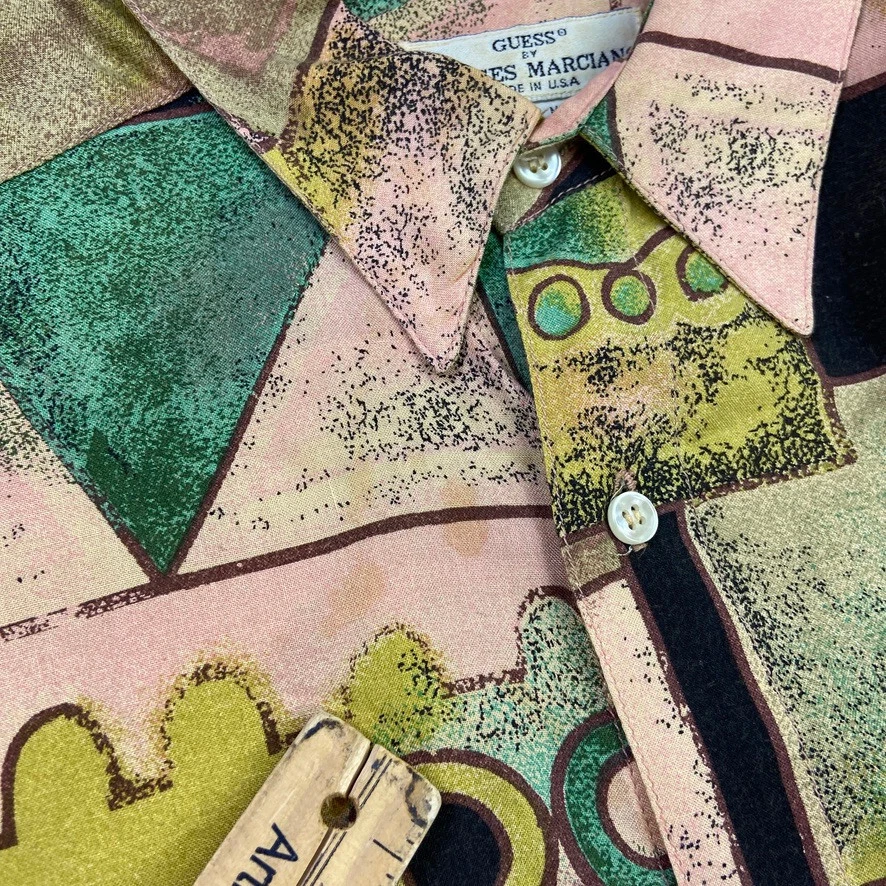 VINTAGE GUESS Shirt Mens Medium Green Black Abstract Colorblock Hawaiian Aloha * - Изображение 2 из 4