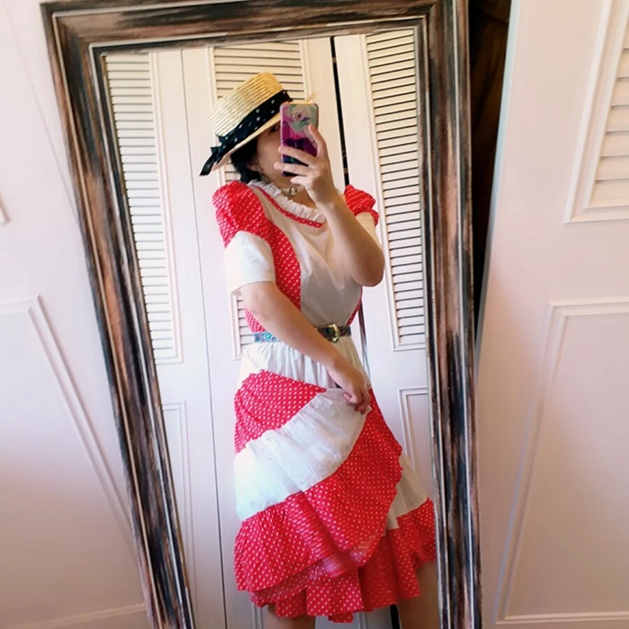 VINTAGE red cute puff sleeve square dance dress eBay