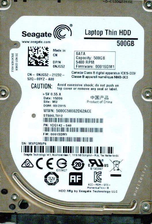 ST500LT012, 1DG142-540, 0001SDM1, WU, W3PG SEAGATE SATA 500GB PA