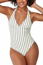 CUPSHE One Piece Swimsuit Women's Size S Halter Tie Striped V Neck Bathing Suit
