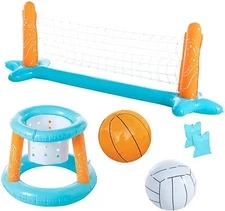 IXIR Inflatable Pool Basketball Hoop and Pool Volleyball Set with Net Light Blue