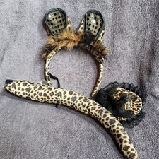 Halloween 3 Pc Set Cheetah Leopard Headband Feathers With Tail And Small Hat