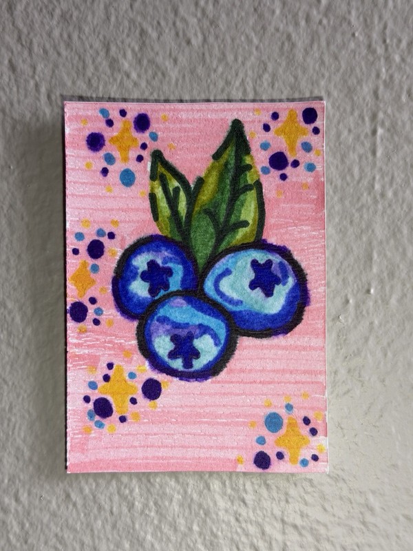 Original ACEO Blueberries Art OOAK Artist Trading Card Mixed Media Cute Floral
