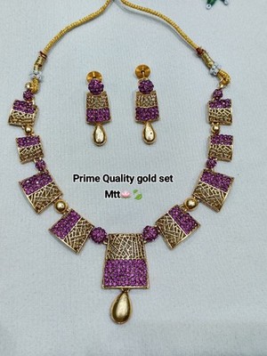 South Indian Bollywood Gold FN Purple Stone Choker Necklace Wedding Jewelry Set