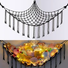 Stuffed Animals Net Hammock with LED Light Toy Hammock Net Corner Black Large