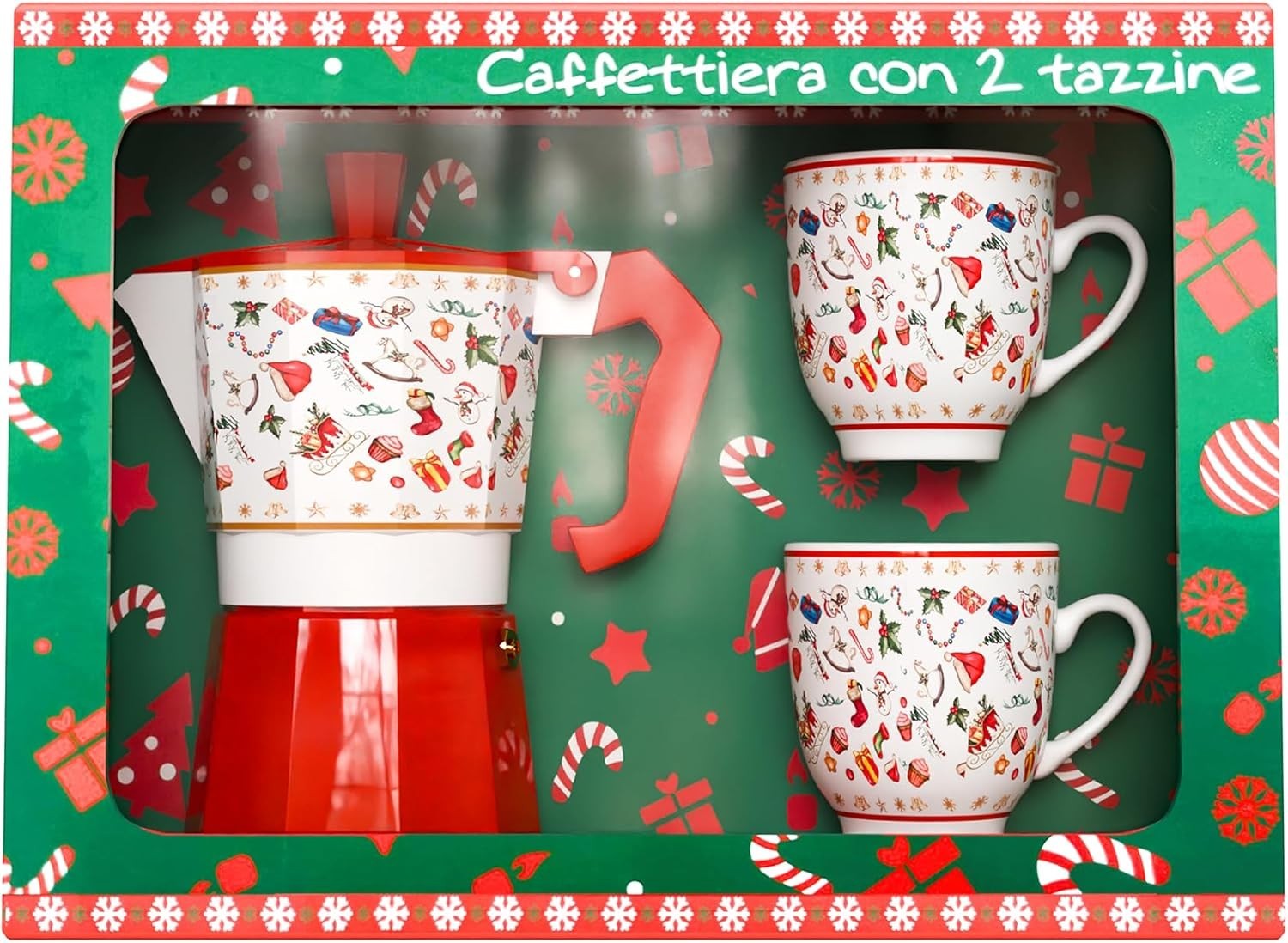 Set Regalo Caffè Natale: Caffettiera Rossa e 2 Tazzine in Ceramica