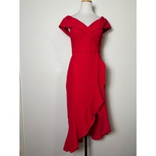 Xscape Red Off the Shoulder Midi Dress 6 Hi Low Ruffle Party Wedding Glam