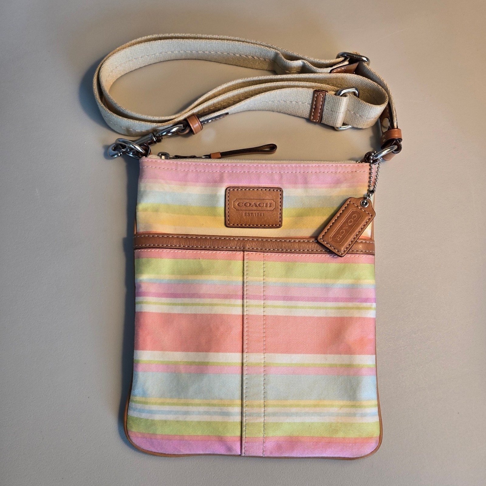 Coach Pastel Striped Shoulder Crossbody Bag Zip Closure Adjustable Strap