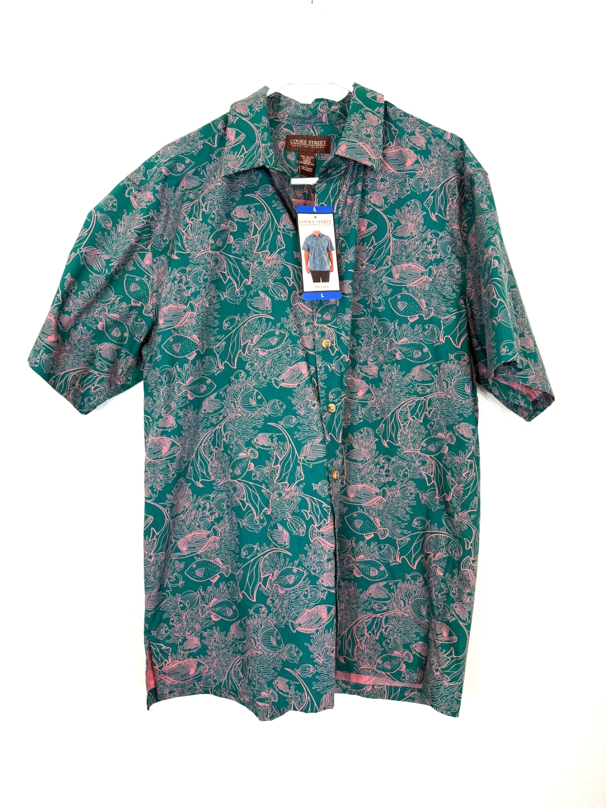 Hawaiian Men's Button Up Short Sleeve Shirt Green Pink Cotton L Cooke Street