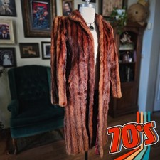 Muskrat Fur Coat Brown Long Jacket Vintage 1970s Real Fur Glam Boho Winter M