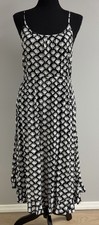 J.Crew Art Deco Fan Print Curved Hem Midi Dress Black White Spaghetti Strap Sz 6