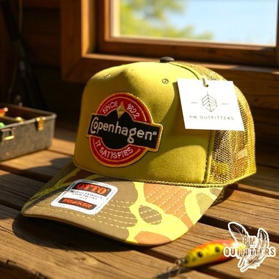 copenhagen tobacco hat Retro Copenhagen Logo Foam Front Camo Rope Trucker Hat