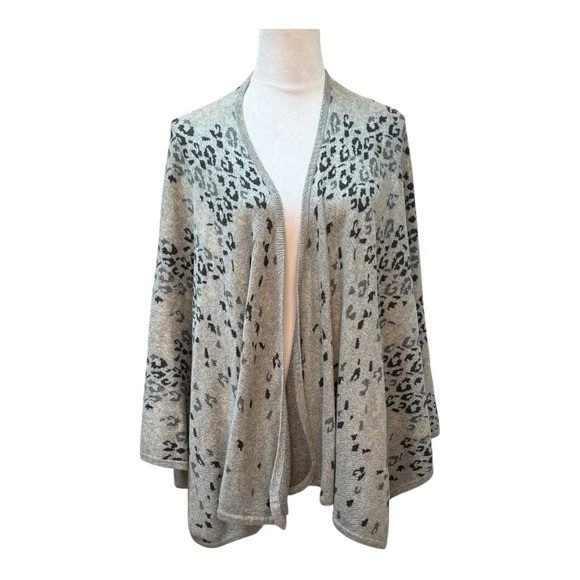 Cabi Wrap Cardigan Women OS Gray Leopard Print Cotton Open Front Poncho 3115