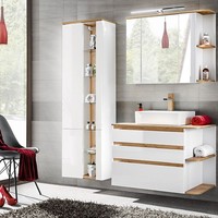 BadmöBel Set Hochglanz Weiß Keramik Waschtisch Led Spiegelschrank & Hochschrank