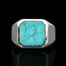 Natural Turquoise Mens Ring, Solid Silver Signet Ring, Men's Engagement Ring