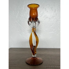 Vintage Amber Clear Twisted Art Glass Candlestick Candle Holder 