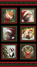 Feline Drive Fabric MERRY CATS Christmas Cats Block Panel - Sold by the Panel