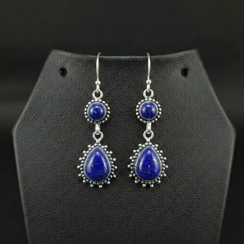 Lapis Lazuli Gemstone 925 sterling silver handmade Dangle Drop Earrings 2.25"