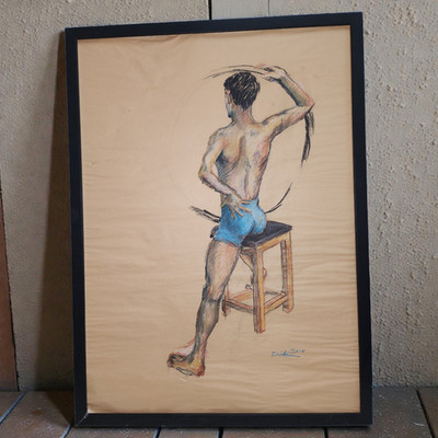 Original Charcoal Drawing Male Figure Nude Back Study Signed Dita Framed Art