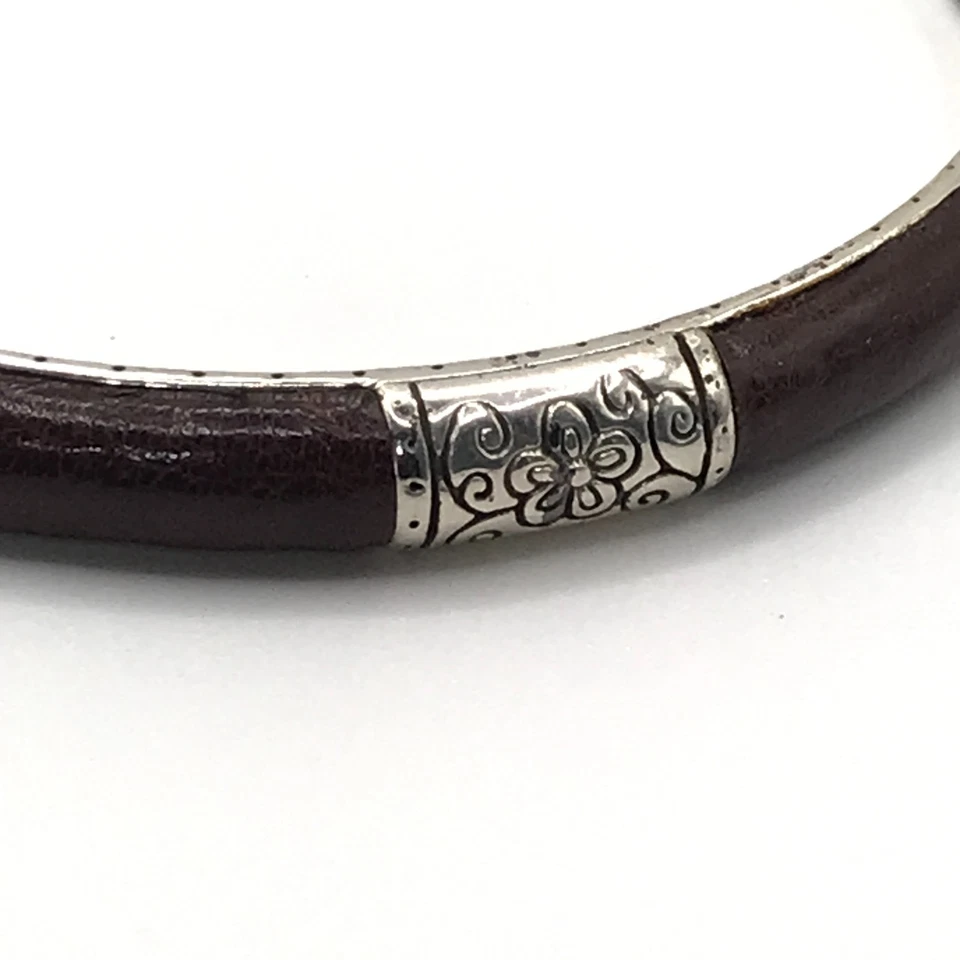 BRIGHTON Bangle Bracelet Brown Leather & Silver Plate Stackable Boho Cottagecore - Image 4 of 4