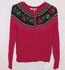 Vtg Tiara International Christmas Sweater Cardigan Red Poinsettia Zip Women S