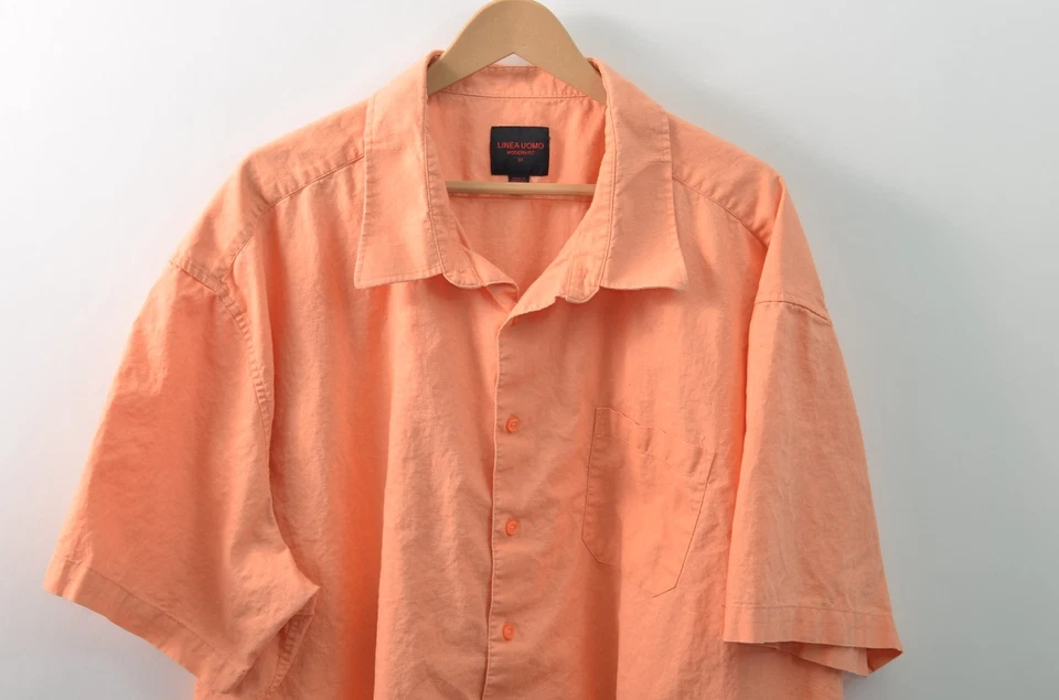 Camisa Linea Uomo Mezcla de Lino Para Hombres 5X Naranja Manga Corta Calce Moderno Abotonada Foto 3 de 4