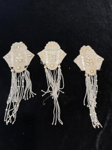 Antique Victorian/Art Deco Beaded Epaulettes: Hand-Stitched Trio 8" Pearl Fringe