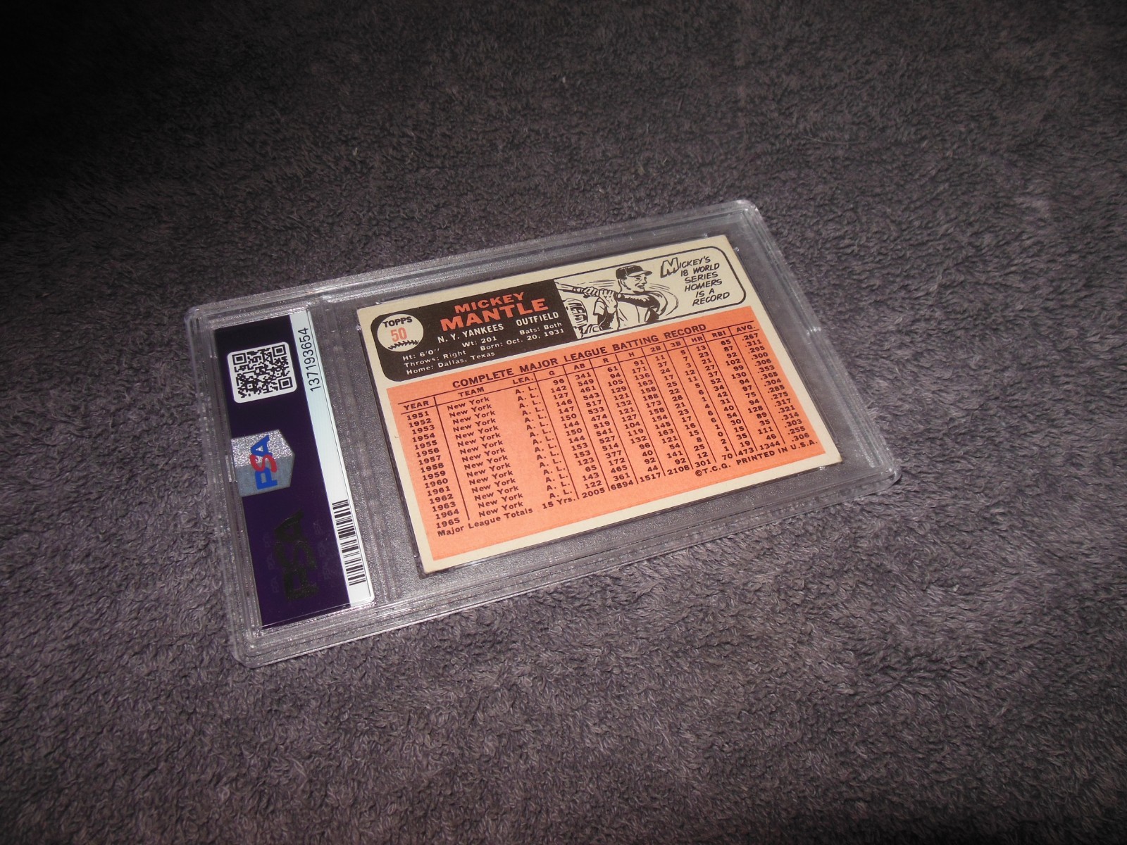 1966 Topps Mickey Mantle Baseball Card #50 PSA 3.5 VG Fresh Grade Nice Card view 2